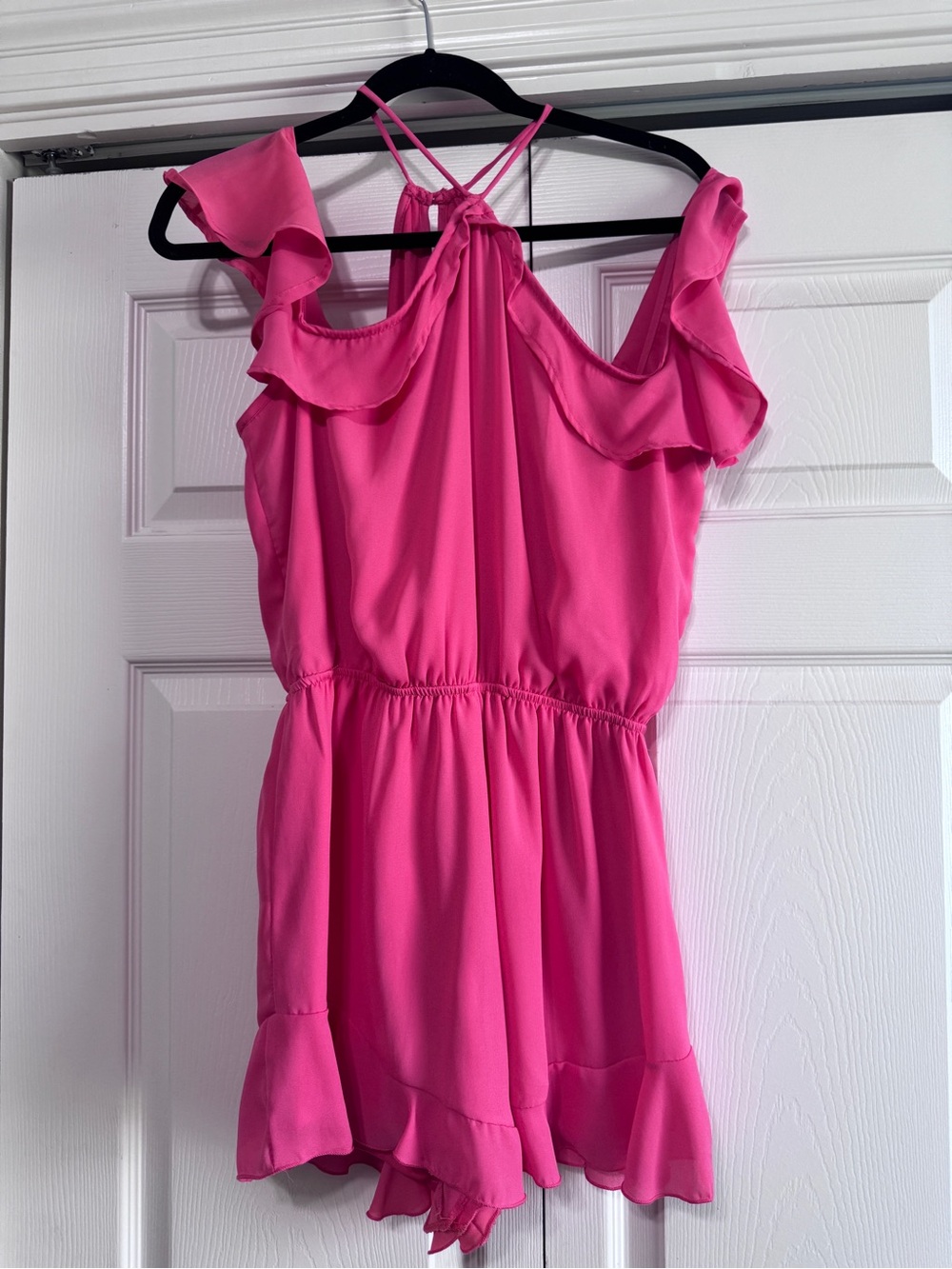 Peach Love California Pink Ruffle Cold-Shoulder Romper